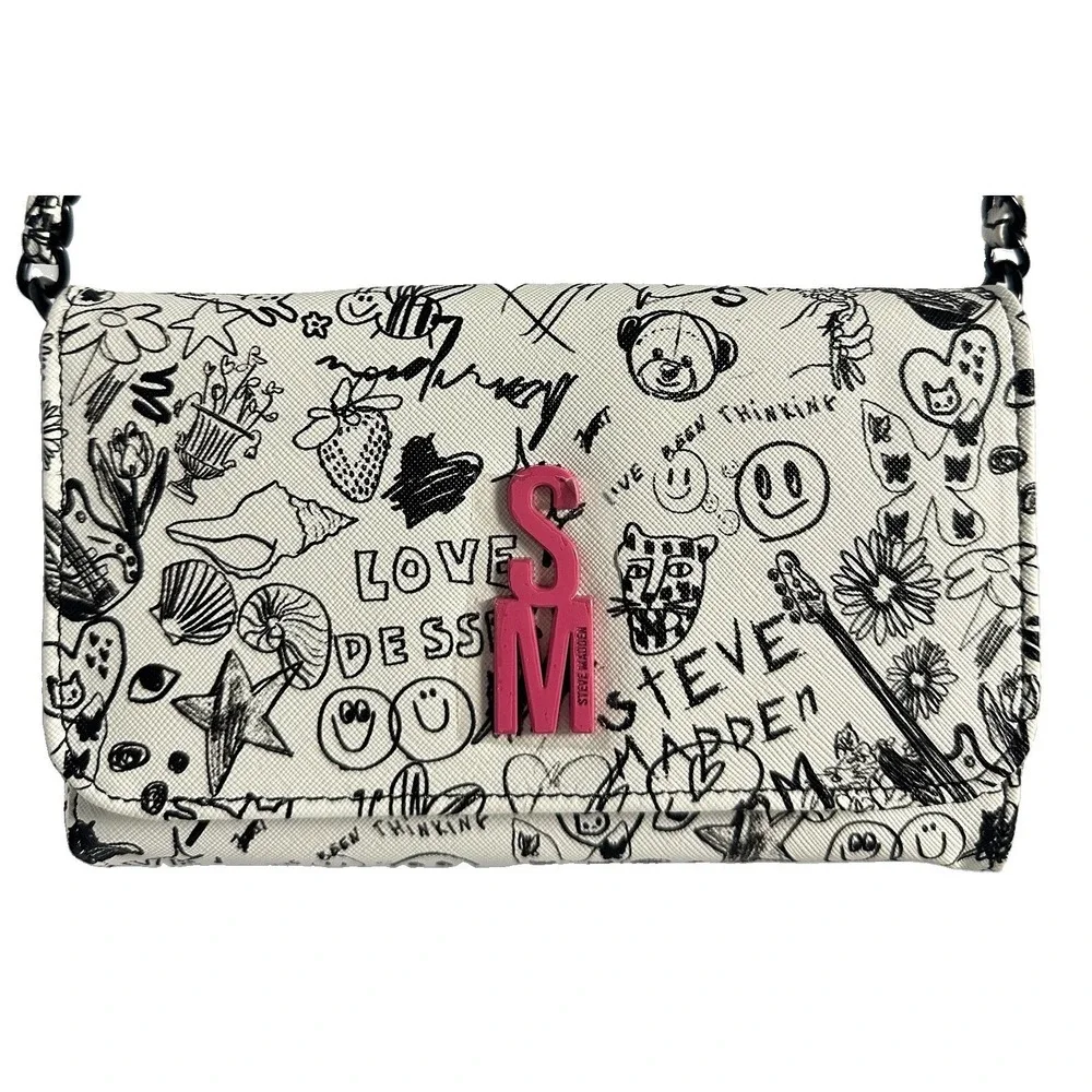 Steve Madden Blynn Doodle Print Crossbody Bag White Black Pink Charm NWT
